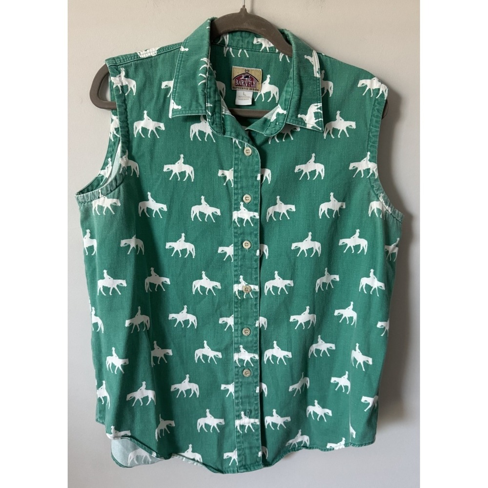 VTG 90s Y2K Barn Fly Sleeveless Top Blouse Horse Western Teal Green  Size Large